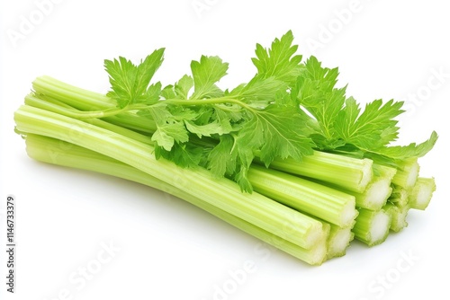 A fresh stalk of celery with crisp green leaves, isolated on white