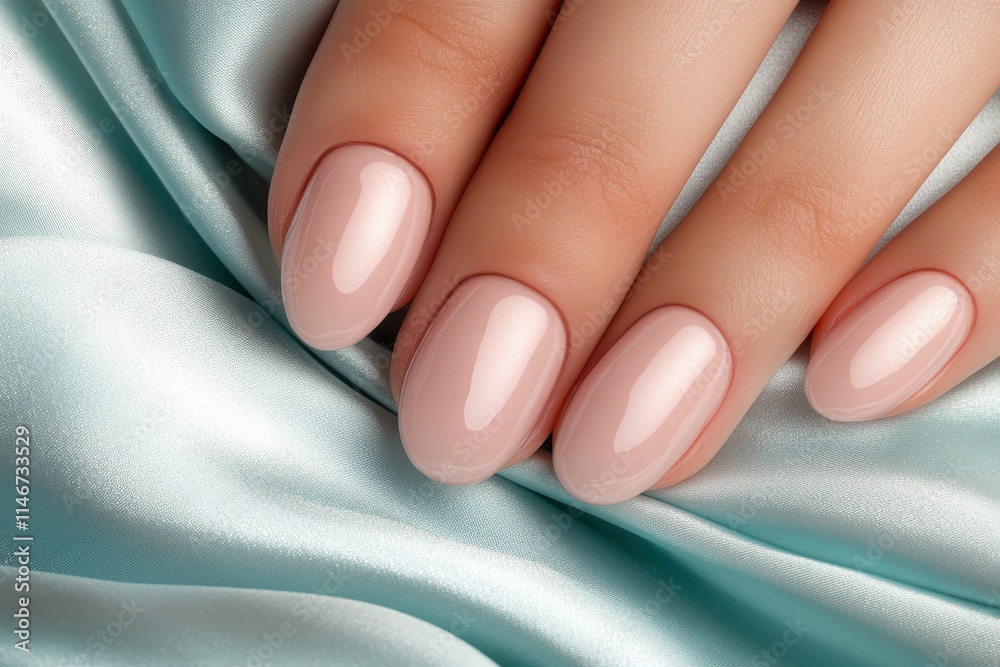 Close-up of elegantly manicured nude nails resting on soft satin fabric, ideal for beauty, fashion, or nail care promotions Close-up of elegantly manicured nude nails resting on soft satin fabric, ideal for beauty, fashion, or nail care promotions