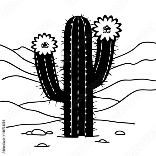  Black and White Cactus Vector Illustration with Floral Blooms in Desert Landscape