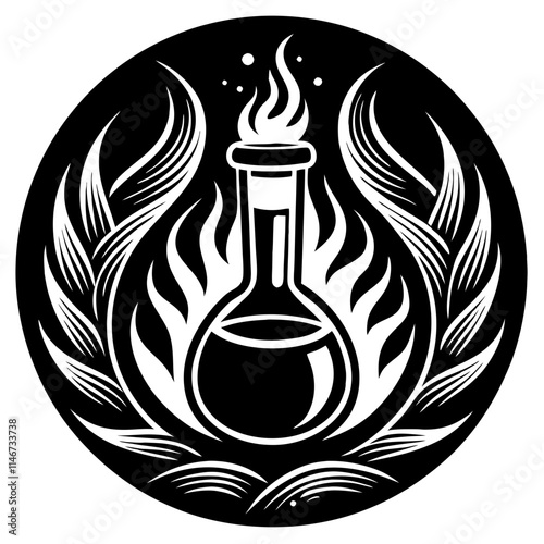  Alchemical Flask with Flames and Laurel Leaves Vector Illustration
