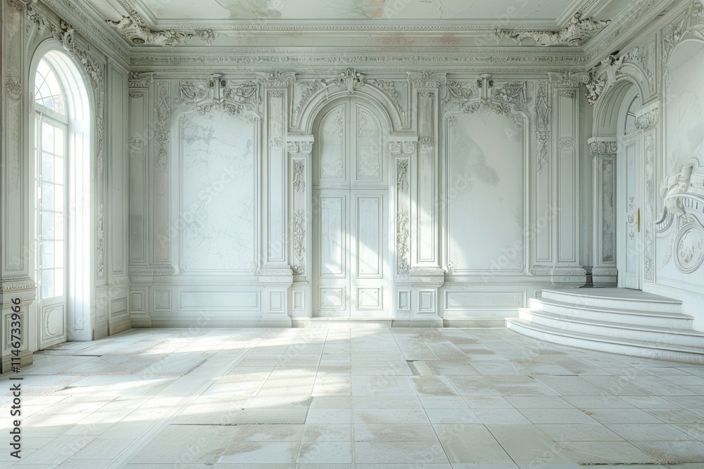 Fototapeta premium A beautifully crafted, elegant interior with intricate moldings and soft lighting, perfect for architecture, design projects, or showcasing luxury settings