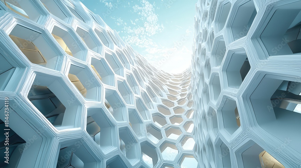 Fototapeta Abstract architectural design featuring a honeycomb structure with sunlight streaming through in a futuristic environment that suggests innovation and creativity.