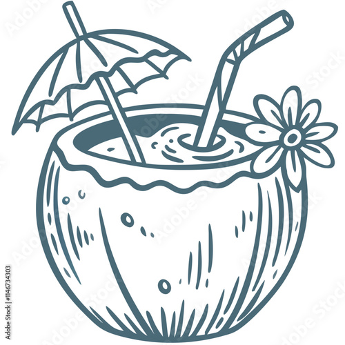  Tropical Coconut Drink with Straw and Umbrella Vector Illustration