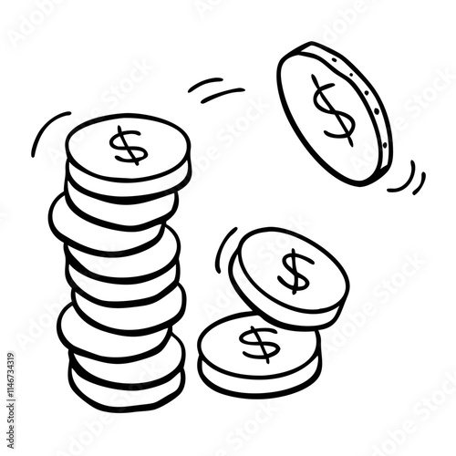  Vector Illustration of Stacked and Flying Coins with Dollar Signs for Financial Concepts