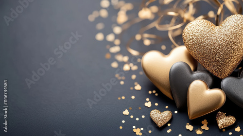 Luxurious gold and black hearts with glitter accents and golden confetti on dark background, creating elegant and romantic atmosphere