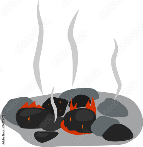 Glowing embers nestled among gray stones emit swirling plumes of smoke, crafting a mesmerizing scene against a clean white backdrop, evoking warmth and energy