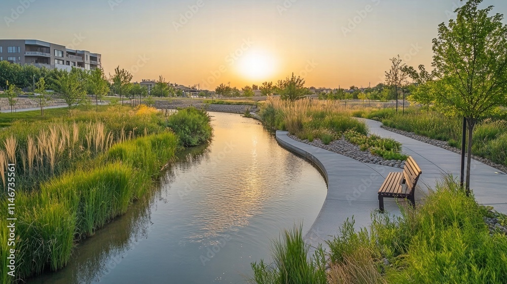Fototapeta premium serene sunset over waterway park