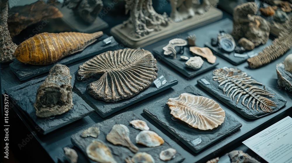 Fototapeta premium A Close-Up View of Various Fossils Displayed in a Museum Exhibit, Highlighting Geological History and Natural Artistry of Ancient Life Forms