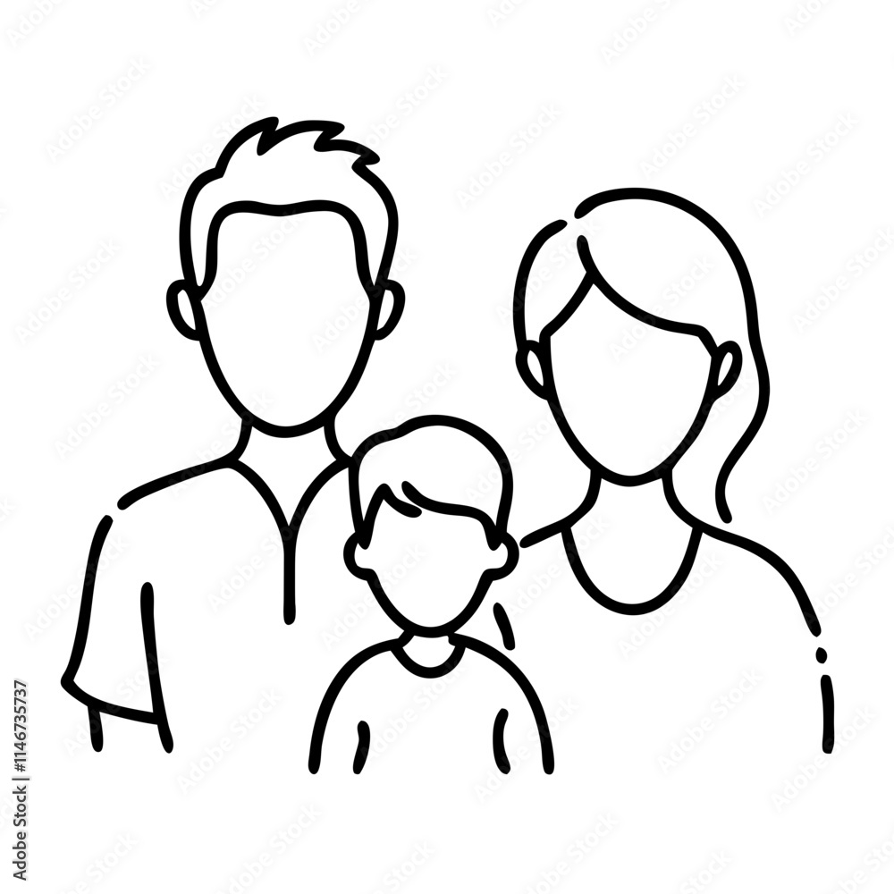 Family Portrait Vector Illustration Depicting Parents and Child Outline Family Portrait Vector Illustration Depicting Parents and Child Outline