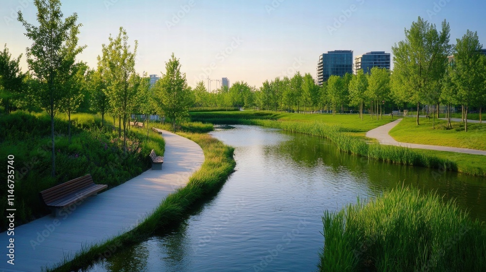 Obraz premium serene park landscape with winding waterway and city skyline