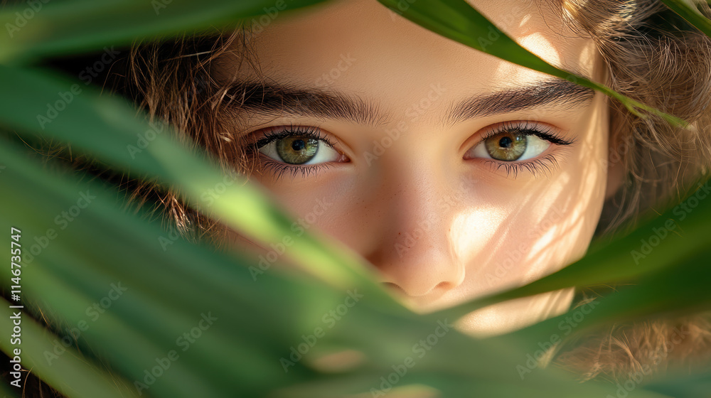 close up of woman face with green eyes, framed by soft light filtering through lush green leaves, creating serene and natural atmosphere close up of woman face with green eyes, framed by soft light filtering through lush green leaves, creating serene and natural atmosphere
