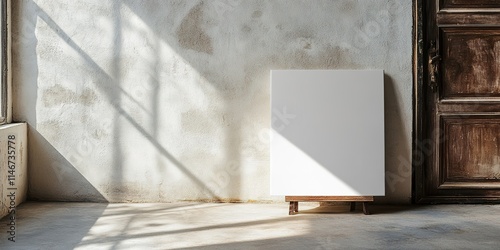 clean white canvas stretched on wooden frame standing upright on textured floor photo