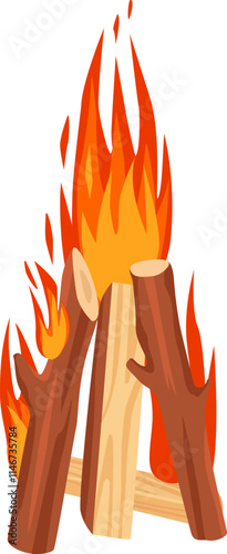 Bonfire burning with bright flame made of wooden logs, creating warm and cozy atmosphere on white background, perfect for camping or outdoor adventure themes