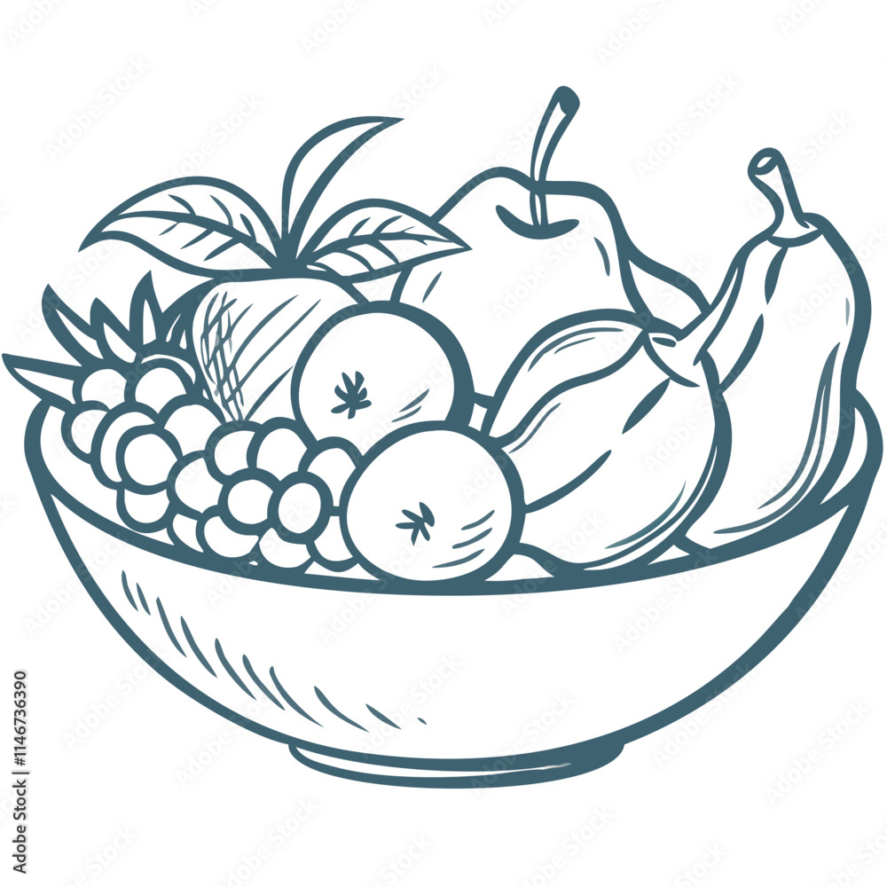 Hand Drawn Fruit Bowl Illustration with Assorted Fresh Produce Vector Art Hand Drawn Fruit Bowl Illustration with Assorted Fresh Produce Vector Art