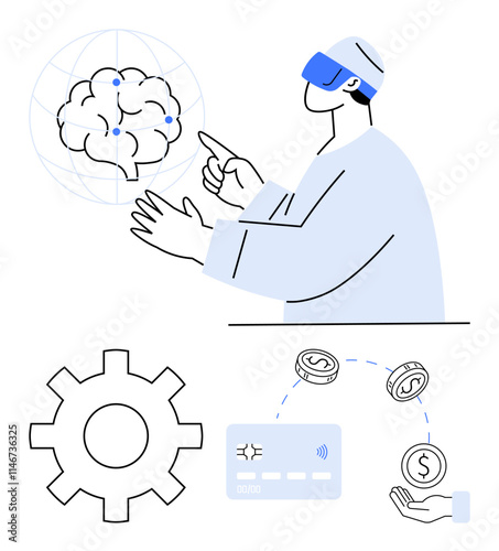 Man in VR headset pointing at virtual brain gear icon indicating settings, digital credit card, currency. Ideal for technology, VR, finance, online transactions, innovation, digital experiences