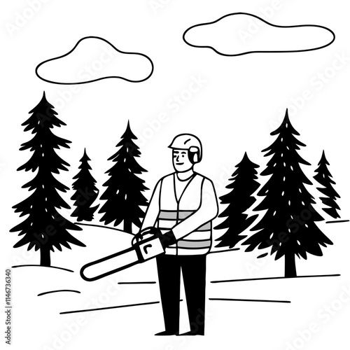  Lumberjack Holding Chainsaw in Forest with Pine Trees Vector Illustration