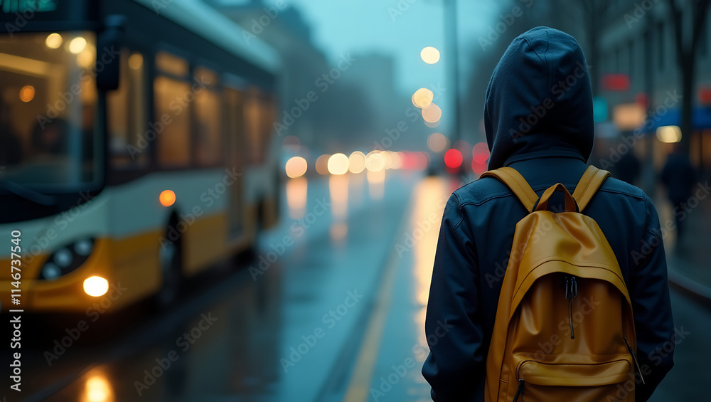 A person in a hooded jacket with a yellow backpack near bus, ideal for travel, transportation, urban lifestyle, city commuter concepts.