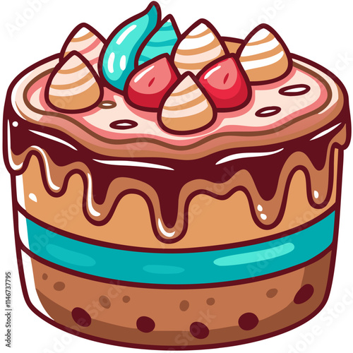  Delicious Chocolate Dripping Cake with Whipped Cream and Fruit Toppings Vector Art