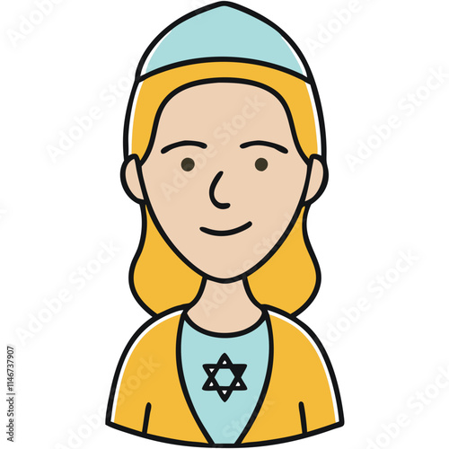  Cartoon Smiling Woman Portrait with Star Symbol Wearing Blue Cap and Yellow Top 