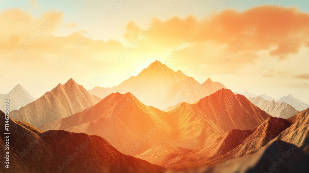 Naklejka premium Sunset lit mountains with layered rocky peaks glowing in warm golden light, creating serene and majestic landscape under soft, cloudy sky