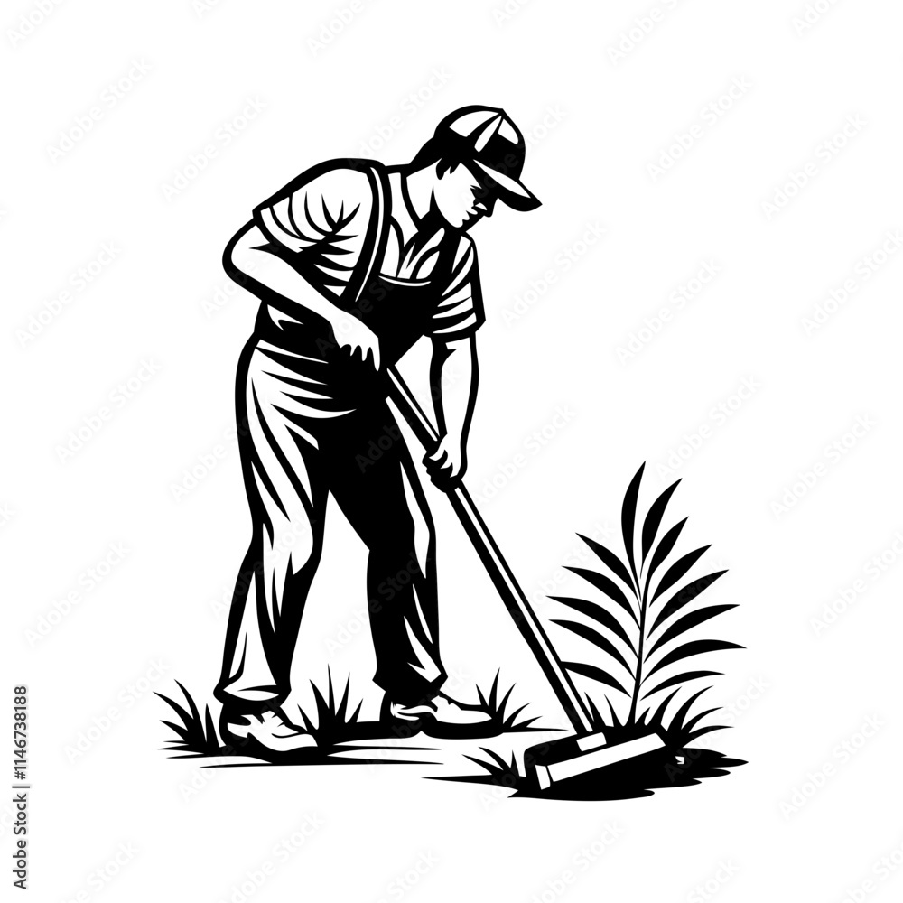 Gardener Working with Hoe Vector Illustration Suitable for Agricultural Themes Gardener Working with Hoe Vector Illustration Suitable for Agricultural Themes