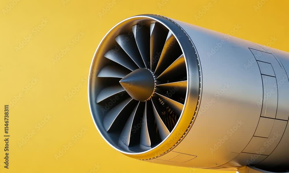 A close-up view of a jet engine turbine against a bright yellow background.