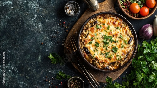 Delicious Baked Dish with Golden Melted Cheese and Fresh Ingredients Surrounded by Colorful Vegetables and Spices on a Rustic Dark Background