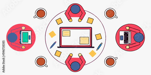 Illustrations icons associated with business scene, workplace, meetings, collaboration