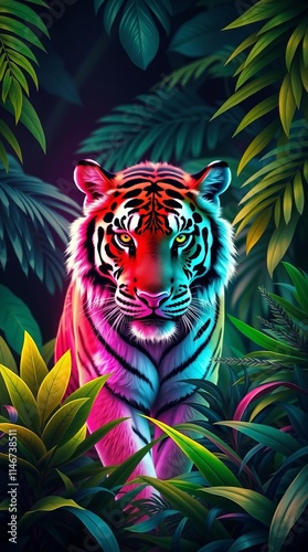 Vibrant tiger in lush tropical foliage