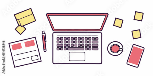 Icons illustrations of items associated with workspace elements, laptops, computers, tablets