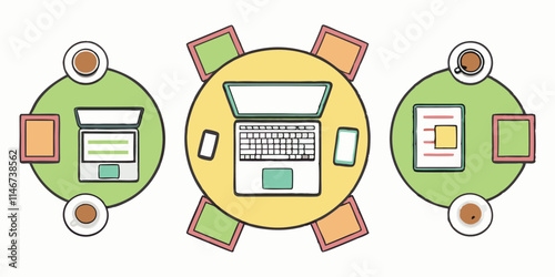 Icons illustrations of items associated with workspace elements, laptops, computers, tablets