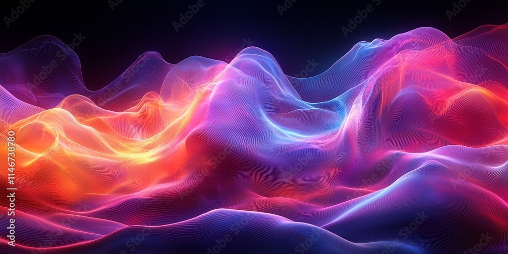 Obraz premium Flowing Neon Lines Creating a Futuristic Wave Design, Smooth Curves with Glowing Gradients on a Dark Background, Dramatic Contrast with Ambient Lighting 