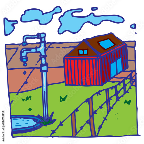 Illustration of farmers are pumping water into the field