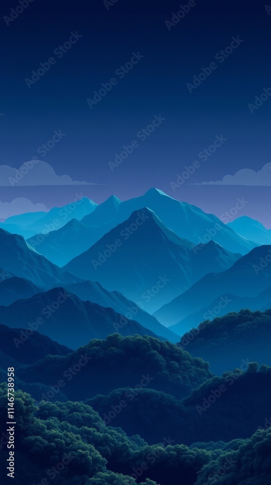 Naklejka premium Serene twilight mountain landscape. Deep blue hues and tranquil atmosphere.