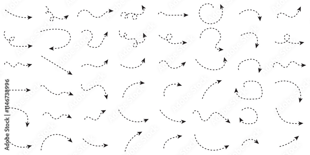 Black Dotted Hand Drawn Arrows Set on White Background. Arrow, Cursor Icon. Vector Pointers Collection. Black Dotted Hand Drawn Arrows Set on White Background. Arrow, Cursor Icon. Vector Pointers Collection.