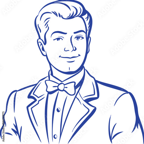  Retro Styled Male Portrait Vector in Formal Suit with Bowtie Illustration