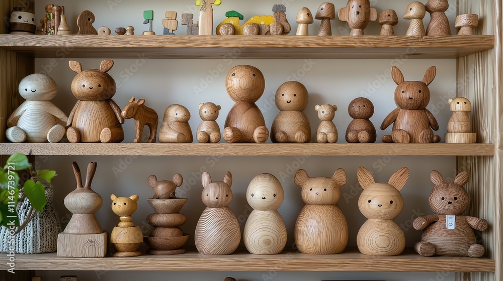 Collection of Handcrafted Wooden Toys Displayed on a Shelf with a Variety of Shapes and Characters, Ideal for Children’s Playrooms and Eco-Friendly Homes Collection of Handcrafted Wooden Toys Displayed on a Shelf with a Variety of Shapes and Characters, Ideal for Children’s Playrooms and Eco-Friendly Homes