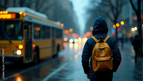 A person in a hooded jacket with a yellow backpack near bus, ideal for travel, transportation, urban lifestyle, city commuter concepts.