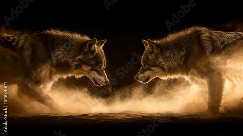 Two wolves facing each other in the dark, illuminated by warm light and dust.
