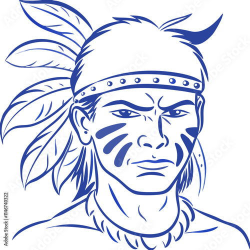  Native American Warrior Vector Illustration with Feathers and Face Paint