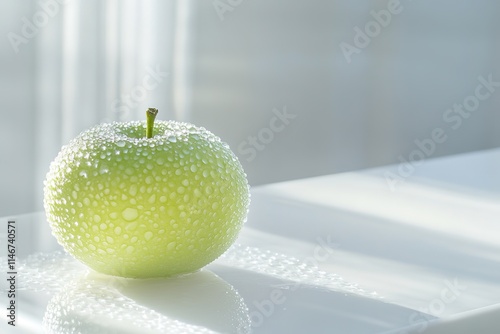 crisp green covered in fresh water droplets resting on smooth ceramic surface under bright lighting photo