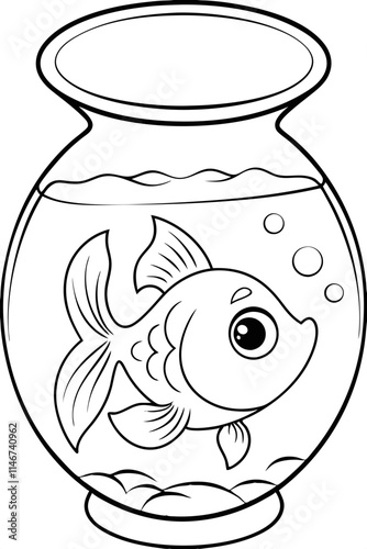 A goldfish swimming in a round fishbowl illustration for digital use and design projects, stock art for creative and commercial use.