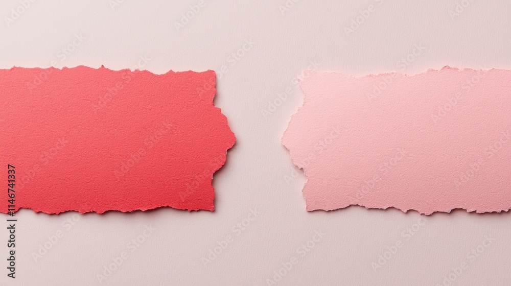 Two textured paper strips in vibrant red and soft pink, showcasing a contrasting color palette and creative potential. Two textured paper strips in vibrant red and soft pink, showcasing a contrasting color palette and creative potential.