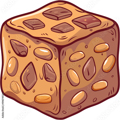  Cartoon Nutty Chocolate Fudge Cube Vector Illustration for Food and Confectionery Design