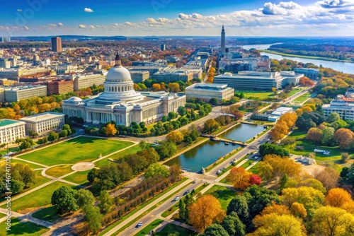 Bird's-eye view satellite image: Washington DC's Capitol, National Mall, Potomac River, and vibrant downtown. photo