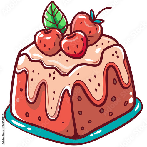  Delicious Strawberry Cake Illustration with Icing and Leaf Garnish