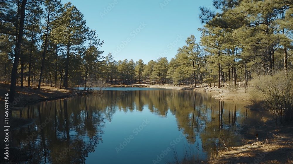 Obraz premium Calm lake reflecting trees in a sunny forest.