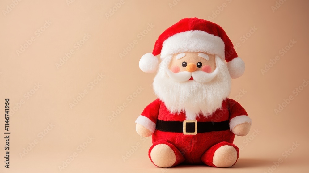 Cute Santa Claus Toy Isolated on Beige Background, Christmas Character in Red Costume with White Beard, Copy Space for Greetings Cute Santa Claus Toy Isolated on Beige Background, Christmas Character in Red Costume with White Beard, Copy Space for Greetings
