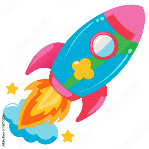  Colorful Cartoon Rocketship Vector with Stars and Flames