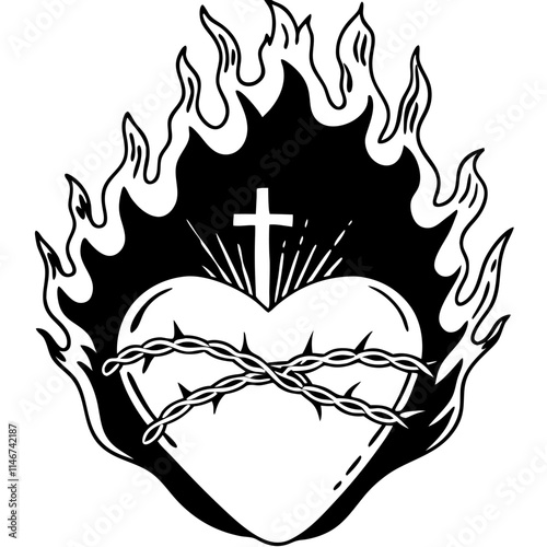  Flaming Sacred Heart with Cross and Barbed Wire Religious Vector Illustration